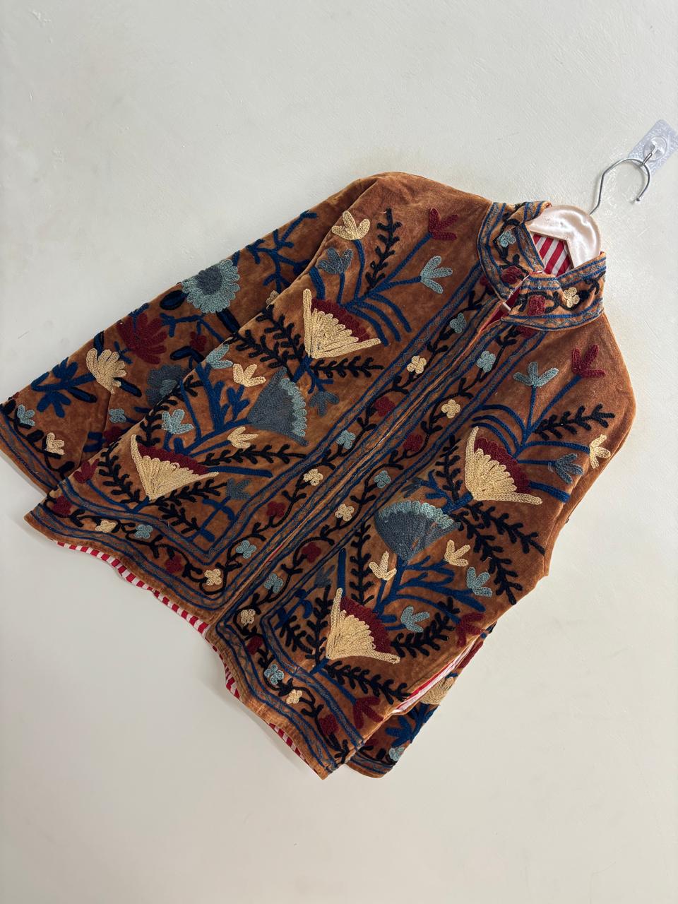 The Marwar Bloom — Suzani Embroidered Velvet Jacket — Rust Amber with Indigo & Ivory Florals