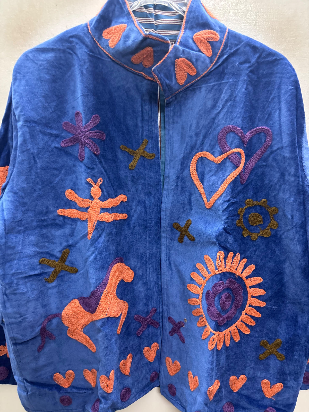 The Ashwa Mela — Suzani Hand-Embroidered Velvet Jacket — Cornflower Blue with Coral, Violet & Olive Folk Motifs