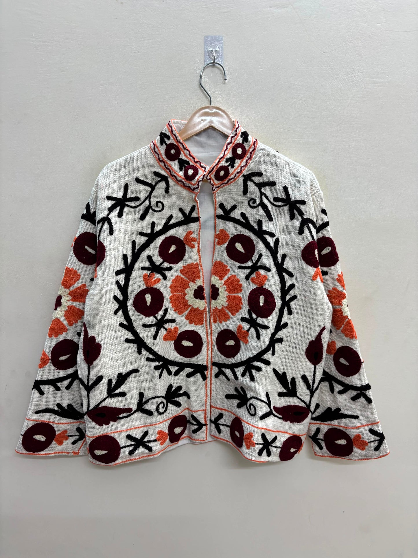 The Samarkand Bloom — Suzani Embroidered Cotton Jacket — Ivory with Burgundy & Rust Medallions