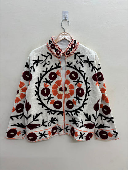 The Samarkand Bloom — Suzani Embroidered Cotton Jacket — Ivory with Burgundy & Rust Medallions