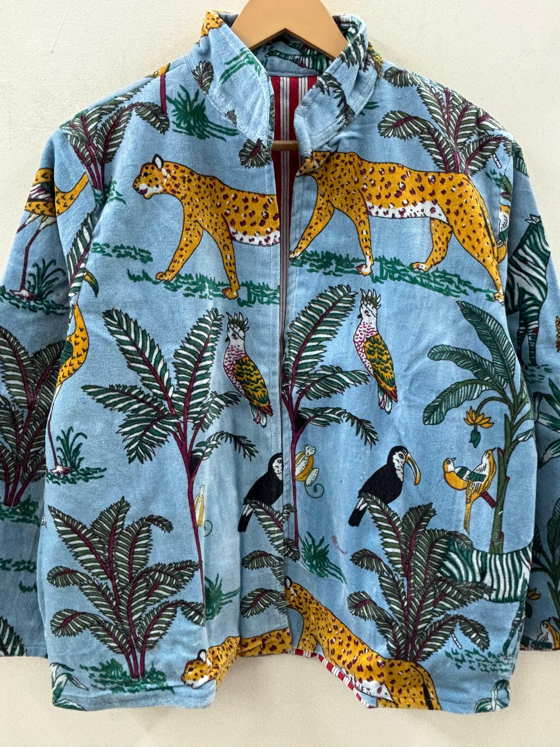 The Jungle Darbar — Block Printed Velvet Jacket — Sky Blue & Ochre - Default Title - Zoshak Jacket