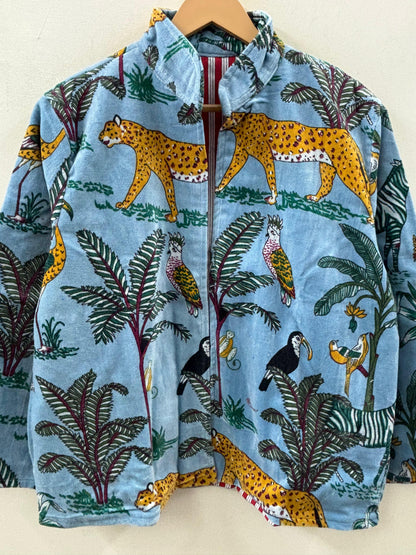 The Jungle Darbar — Block Printed Velvet Jacket — Sky Blue & Ochre - Default Title - Zoshak Jacket