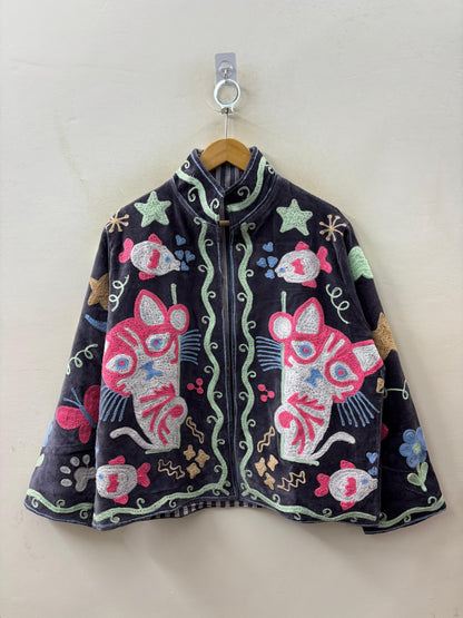 The Billie — Hand-Embroidered Cat Velvet Jacket - Black - Zoshak