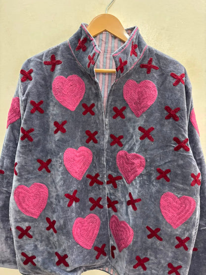 The Anaar Dil — Suzani Embroidered Velvet Jacket — Slate Blue with Crimson Hearts