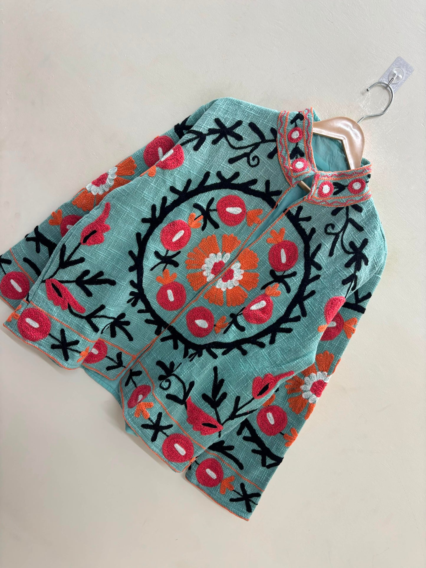 The Samarkand Bloom — Suzani Hand-Embroidered Cotton Jacket — Sage Green with Coral Pomegranates