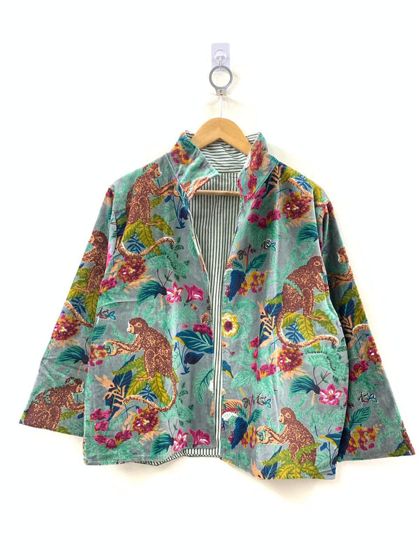 The Jungle Durbar — Printed Velvet Jacket — Slate Grey & Tropical Bloom - Default Title - Zoshak Jacket