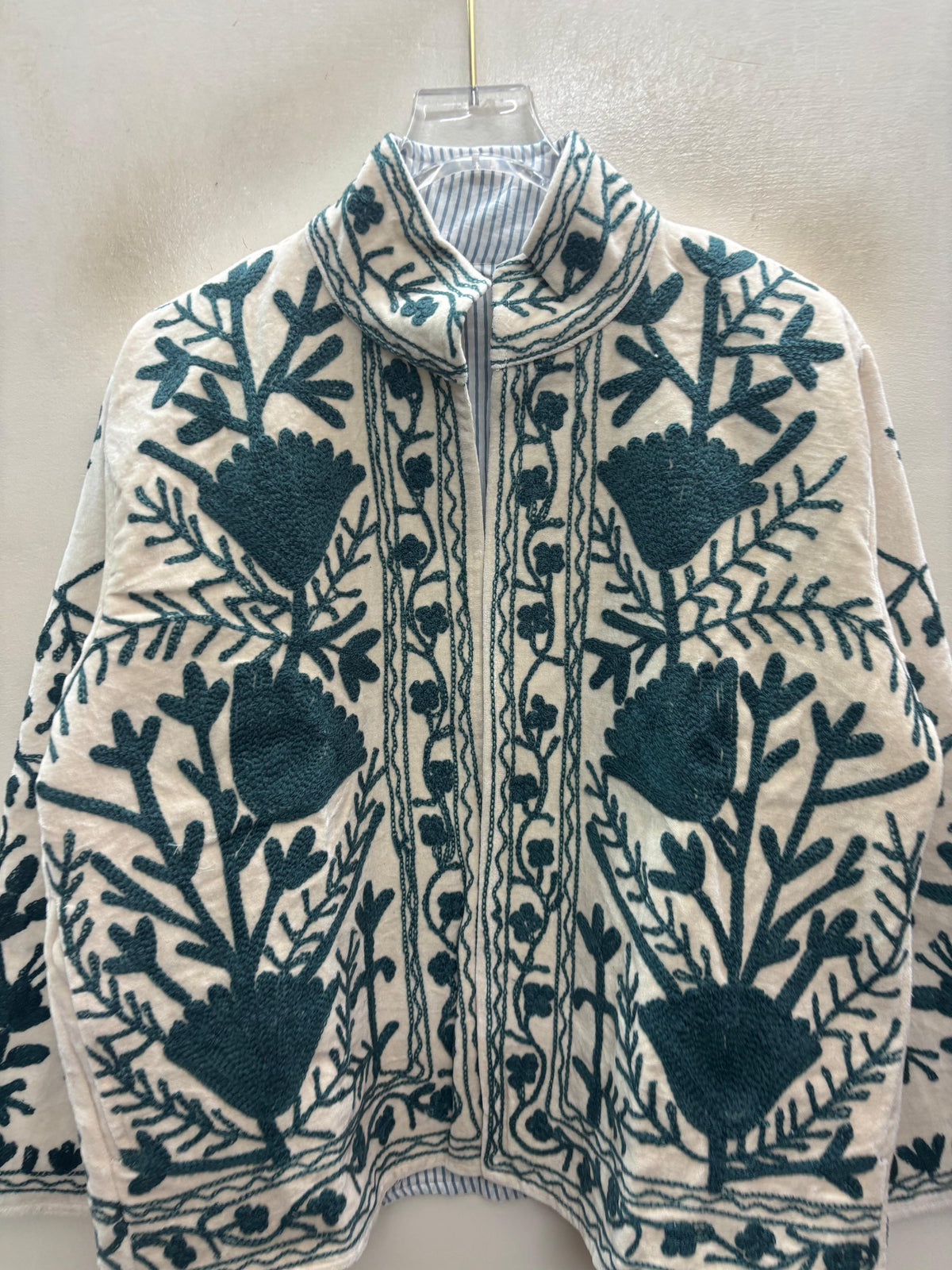 The Zumrud Bagh — Suzani Hand-Embroidered Velvet Jacket — Ivory with Deep Teal Florals