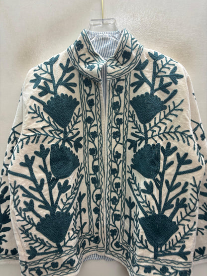 The Zumrud Bagh — Suzani Hand-Embroidered Velvet Jacket — Ivory with Deep Teal Florals