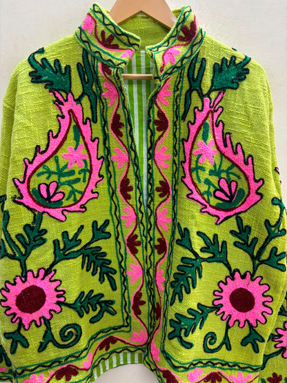 The Lime Orchard Suzani — Hand-Embroidered Cotton Jacket — Chartreuse with Pink & Moss Green Florals