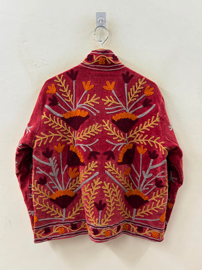 The Marigold Bloom — Suzani Embroidered Velvet Jacket — Rosewood Red with Amber & Burgundy Florals