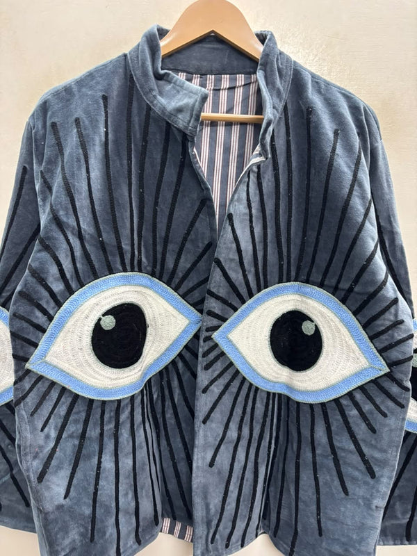The Watchful Ones — Suzani-Embroidered Velvet Jacket — Slate Blue with Ivory & Cornflower Eyes