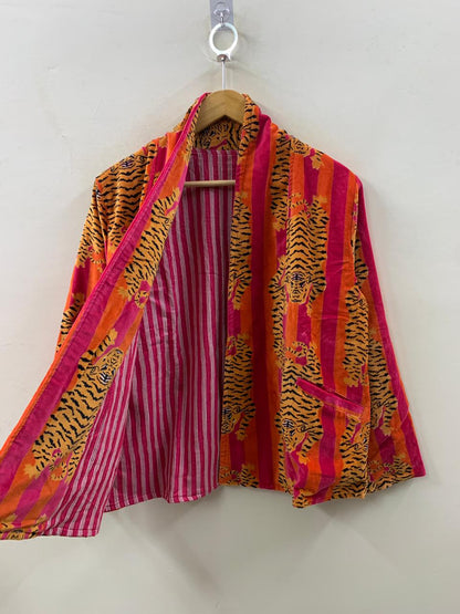 The Tiger Durbar — Velvet Printed Jacket — Saffron, Crimson & Magenta Stripe - Default Title - Zoshak Jacket