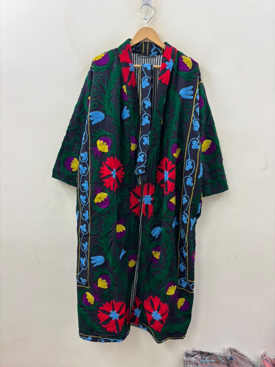 The Samarkand Bloom — Suzani Embroidered Cotton Kimono — Charcoal Grey with Crimson Florals