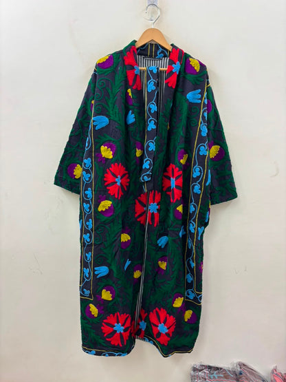 The Samarkand Bloom — Suzani Embroidered Cotton Kimono — Charcoal Grey with Crimson Florals