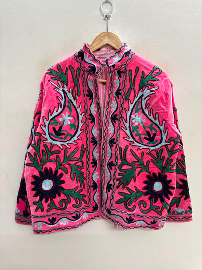The Bagh-e-Rajasthan — Suzani Embroidered Velvet Jacket — Rani Pink
