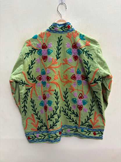 The Sage Meadow — Suzani-Inspired Hand Embroidered Cotton Jacket — Pistachio Green with Coral, Lilac & Cerulean Florals