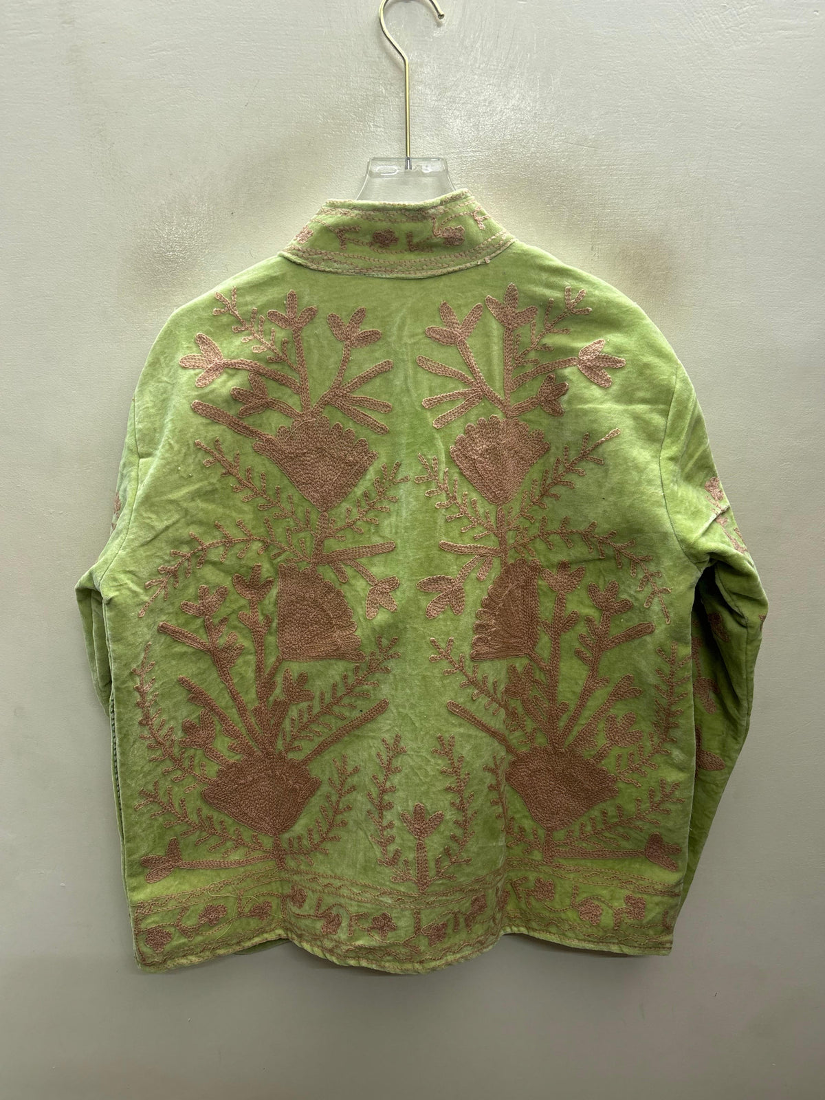 The Pista Bostan — Suzani Hand-Embroidered Velvet Jacket — Pistachio Green with Dusty Rose Florals