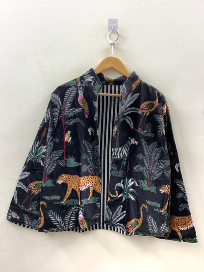 The Jungle Nocturne — Block-Printed Velvet Jacket — Midnight Black with Wild Safari Motifs - Default Title - Zoshak Jacket