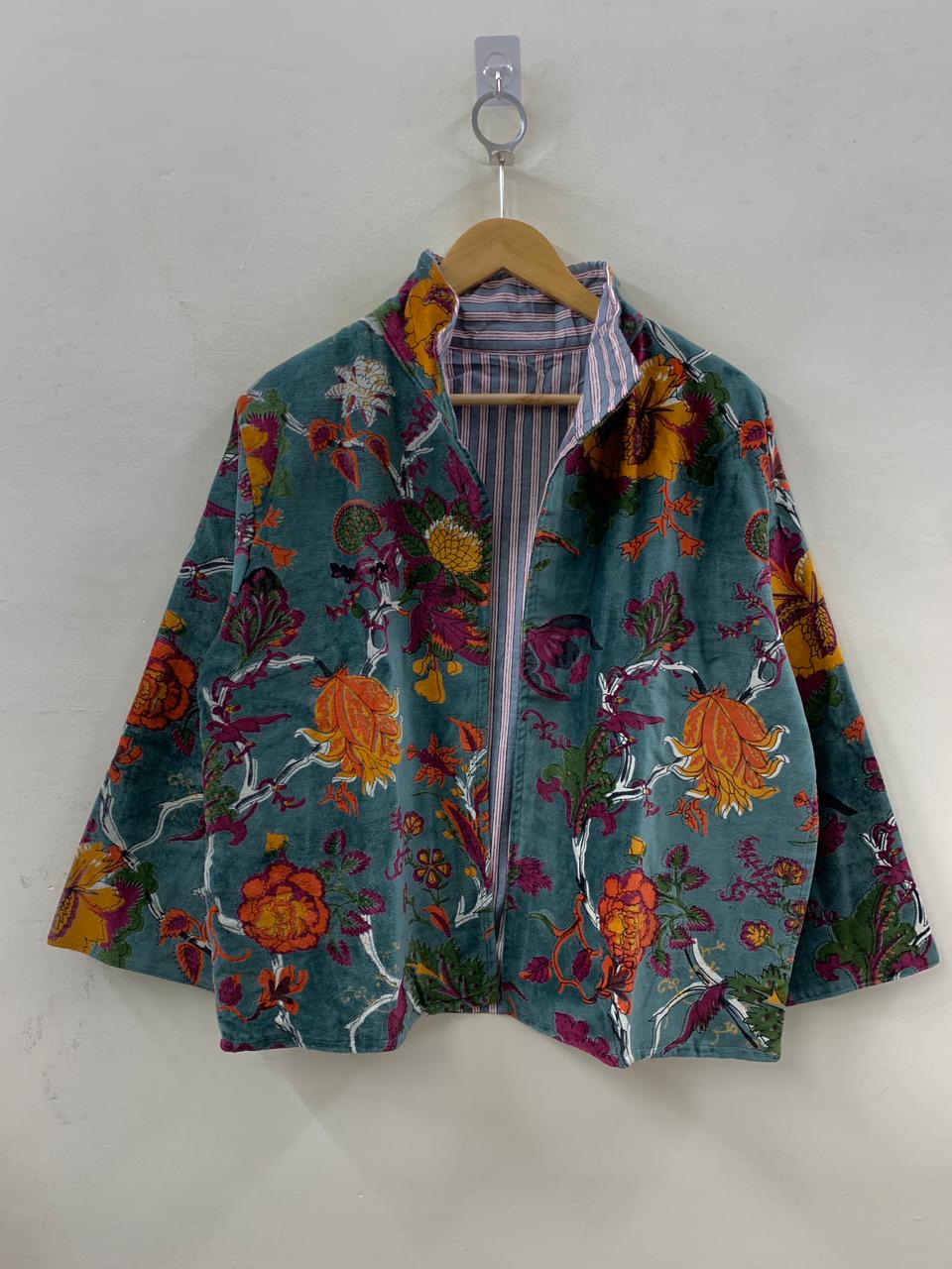 The Teal Garden — Block Printed Velvet Jacket — Teal & Saffron Floral - Default Title - Zoshak Jacket