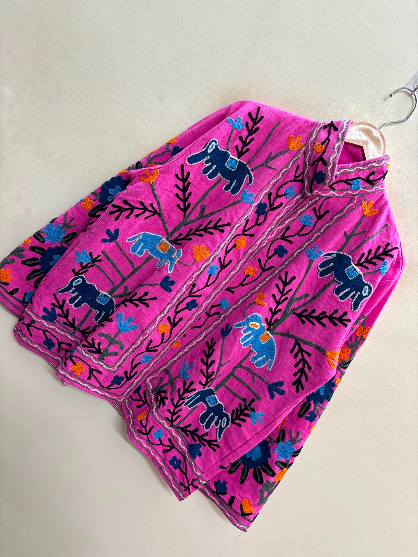 The Fuchsia Elephant Trail — Suzani Hand-Embroidered Cotton Jacket — Magenta Pink with Indigo Blue & Marigold Orange