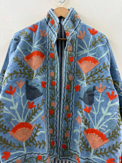 The Poppy Garden — Suzani Embroidered Velvet Jacket — Washed Slate Blue - Default Title - Zoshak Jacket