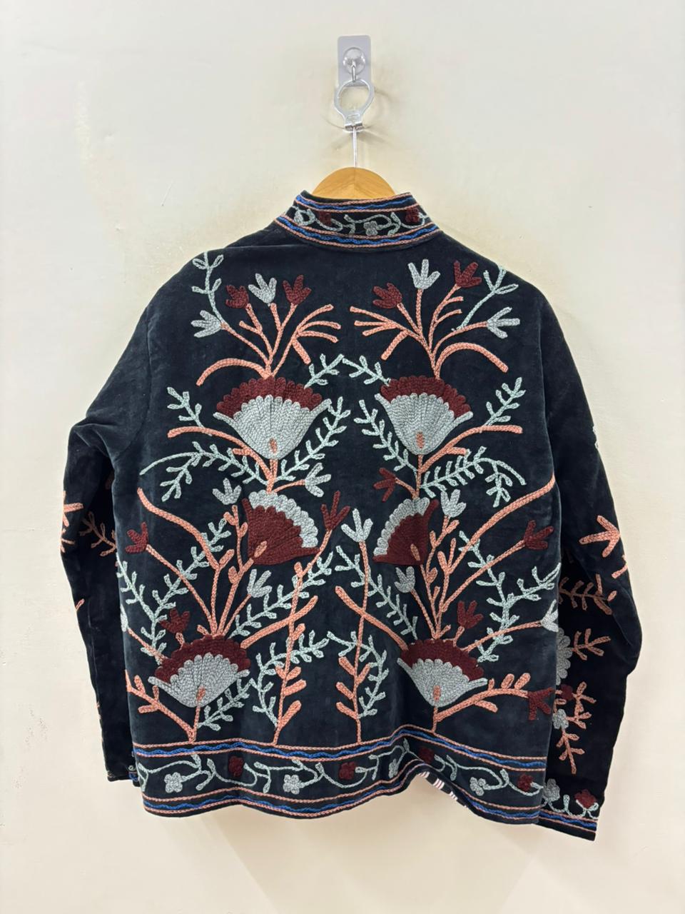 The Midnight Garden — Suzani Hand-Embroidered Velvet Jacket — Noir with Dusty Rose, Slate & Burgundy - Default Title - Zoshak Jacket