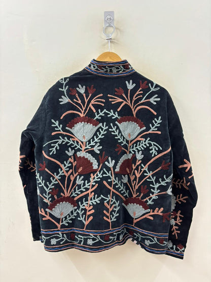 The Midnight Garden — Suzani Hand-Embroidered Velvet Jacket — Noir with Dusty Rose, Slate & Burgundy - Default Title - Zoshak Jacket