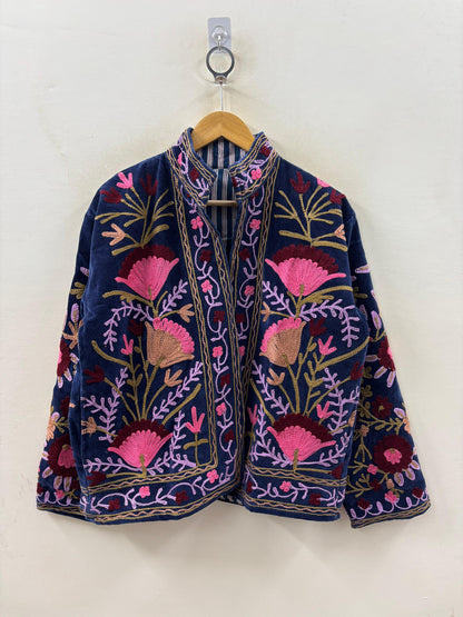Suzani hand-embroidered midnight navy velvet jacket with tilla goldwork floral motifs, handcrafted by Jaipur artisans | Zoshak