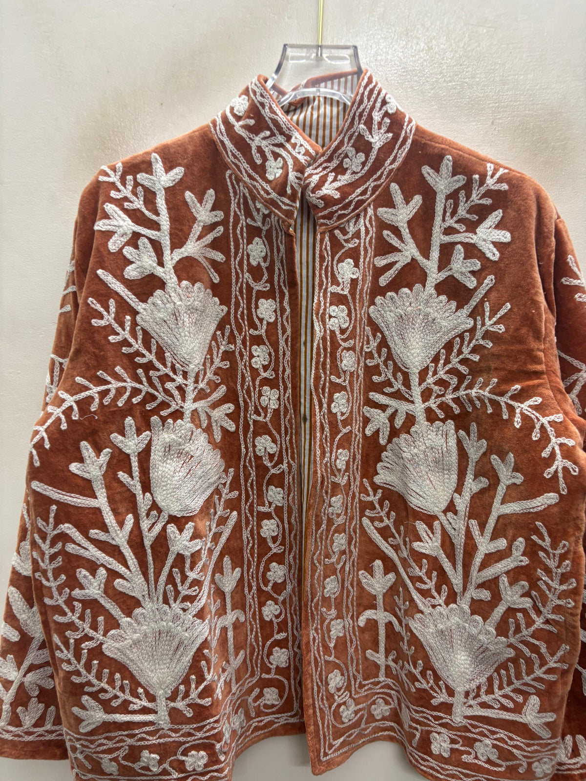 The Rustan Tulip — Suzani Hand-Embroidered Velvet Jacket — Rust Brown with Ivory Floral Vinework