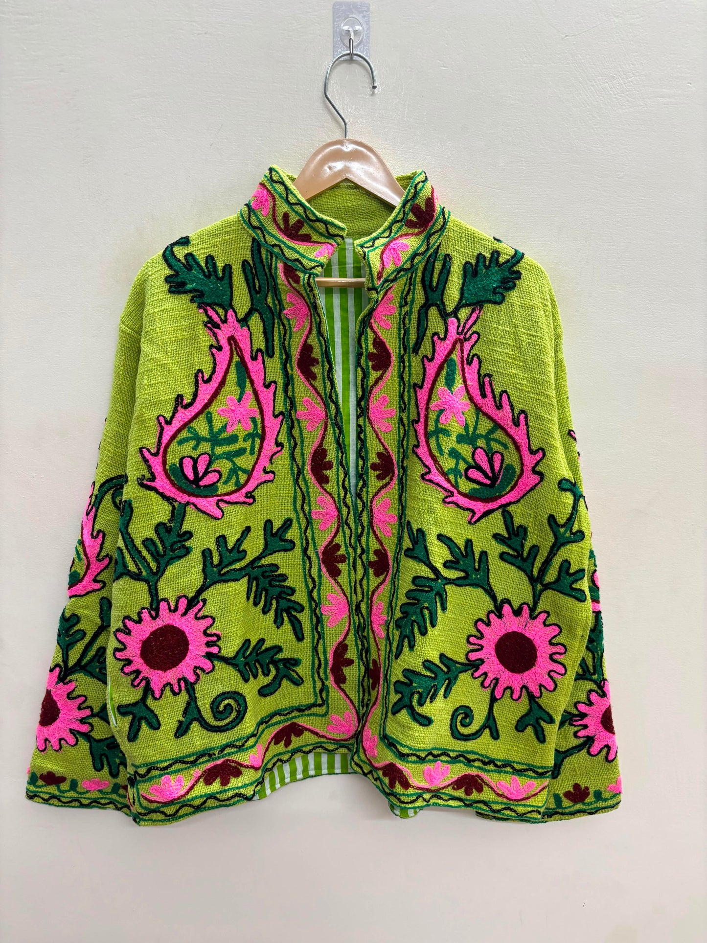 The Lime Orchard Suzani — Hand-Embroidered Cotton Jacket — Chartreuse with Pink & Moss Green Florals