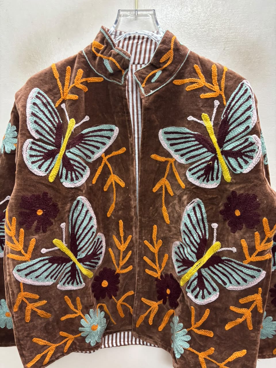 The Titli Meadow — Suzani Hand-Embroidered Velvet Jacket — Espresso Brown with Sage Butterflies & Marigold Vines