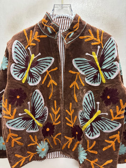 The Titli Meadow — Suzani Hand-Embroidered Velvet Jacket — Espresso Brown with Sage Butterflies & Marigold Vines