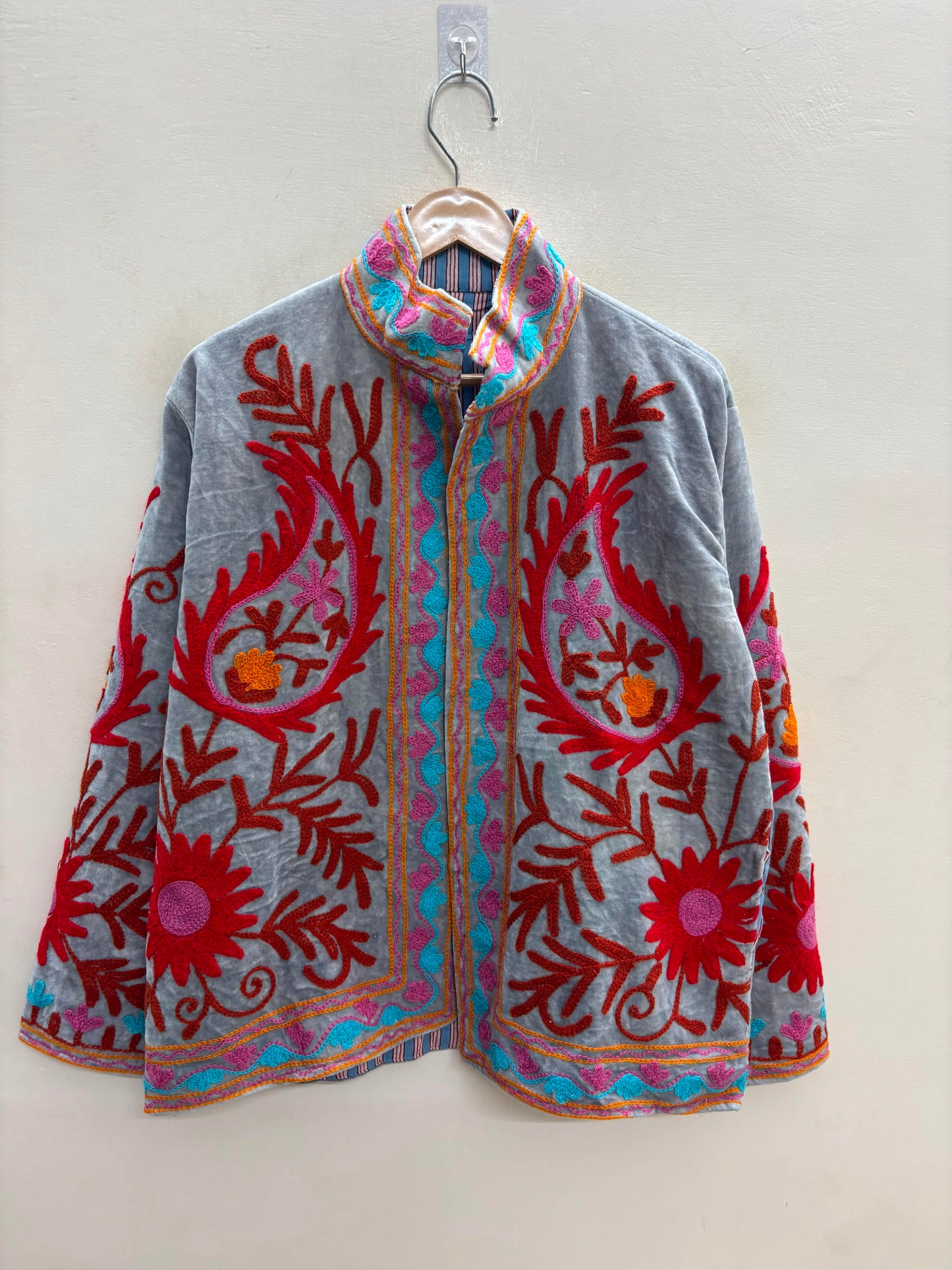 The Samarkand Bloom — Suzani Embroidered Velvet Jacket — Slate Grey with Crimson & Turquoise
