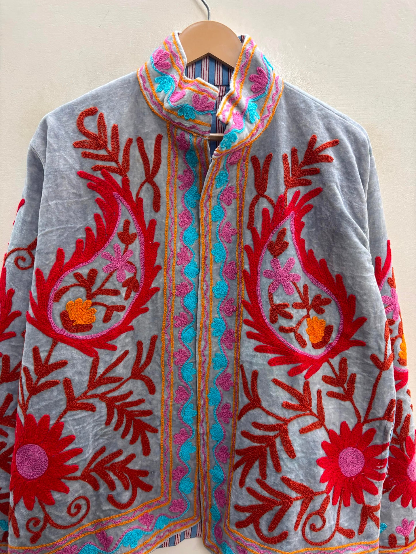 The Samarkand Bloom — Suzani Embroidered Velvet Jacket — Slate Grey with Crimson & Turquoise