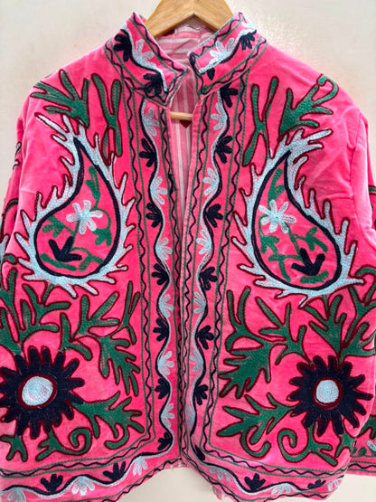 The Bagh-e-Rajasthan — Suzani Embroidered Velvet Jacket — Rani Pink