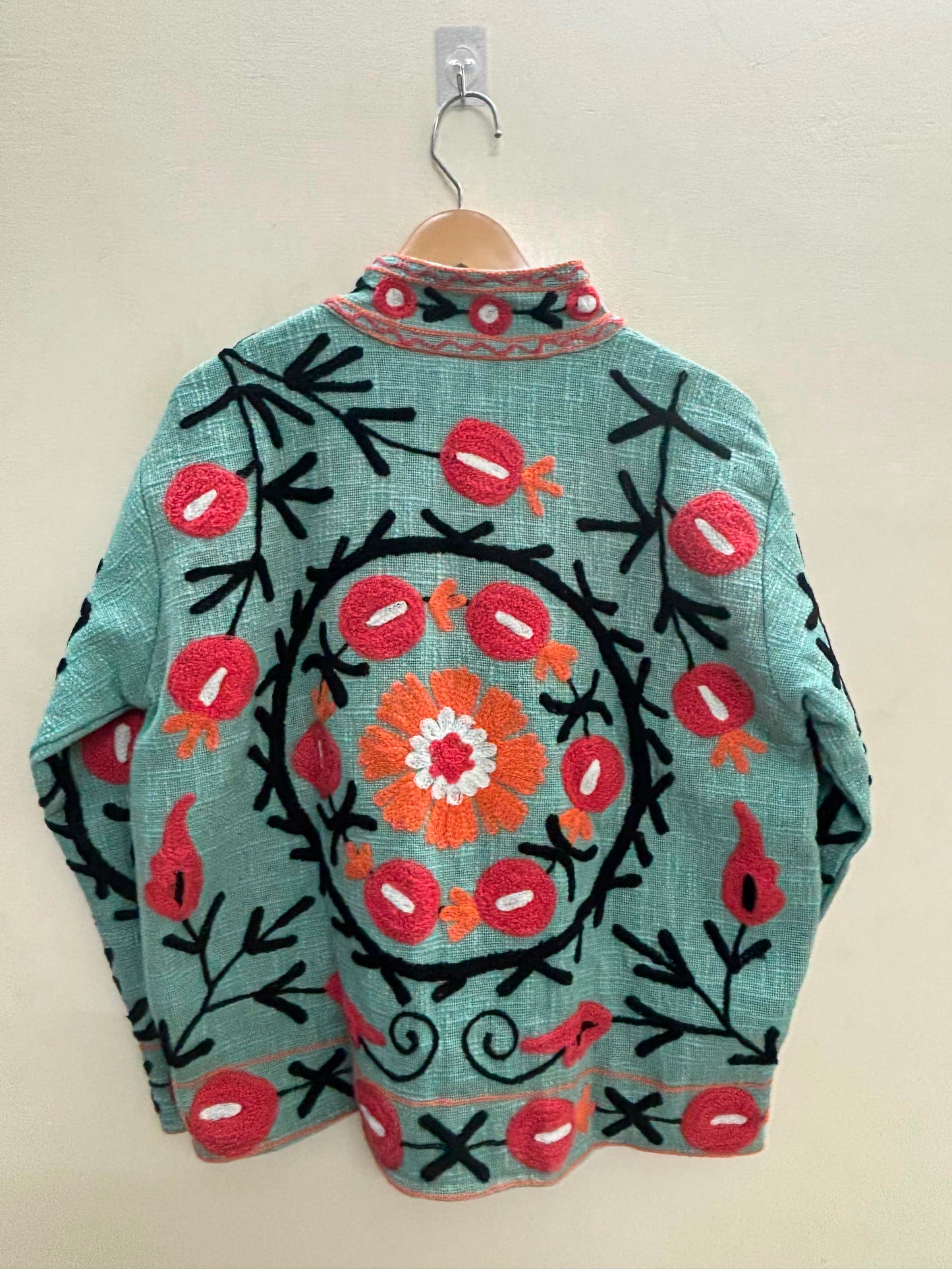 The Samarkand Bloom — Suzani Hand-Embroidered Cotton Jacket — Sage Green with Coral Pomegranates