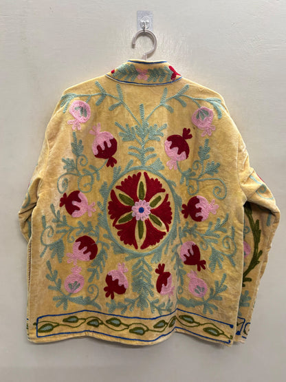 The Zard Bostan — Suzani Hand-Embroidered Velvet Jacket — Butter Yellow with Crimson Carnations & Sage Paisleys