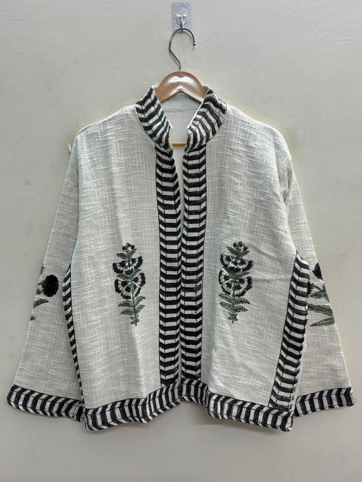 The Marigold Bloom — Hand Block-Printed Cotton Jacket — Undyed Ivory with Ebony Chevron Trim