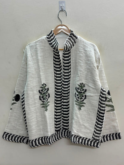 The Marigold Bloom — Hand Block-Printed Cotton Jacket — Undyed Ivory with Ebony Chevron Trim