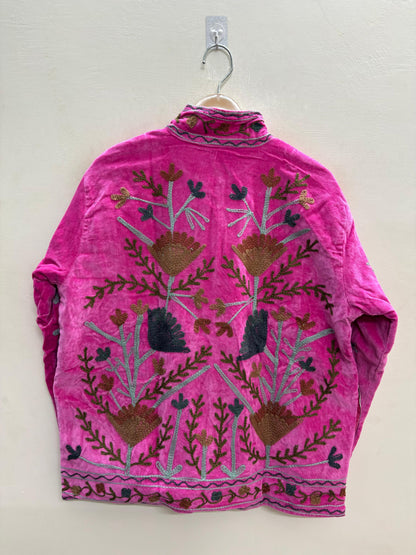 The Rani Bloom — Suzani Embroidered Velvet Jacket — Fuchsia Pink