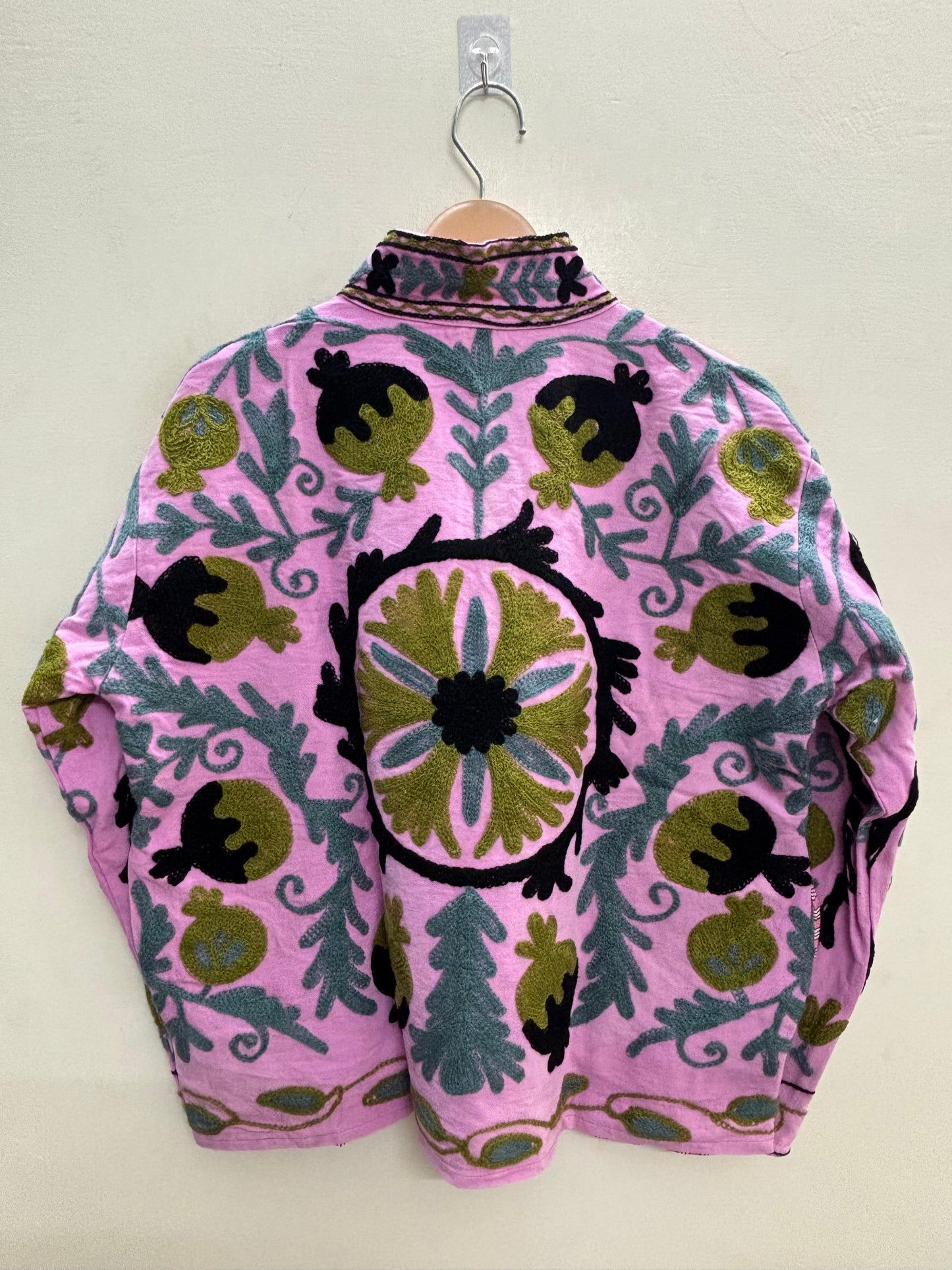 The Bagh-e-Anar — Hand-Embroidered Suzani Cotton Jacket — Orchid Pink with Olive & Slate Motifs