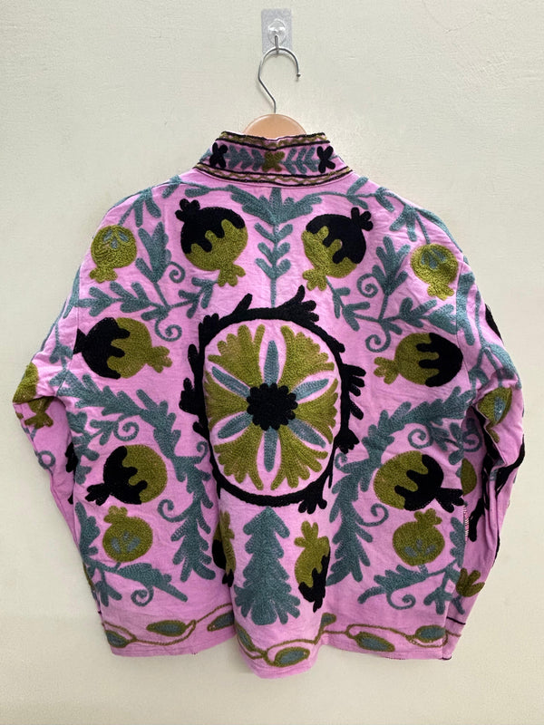 The Bagh-e-Anar — Hand-Embroidered Suzani Cotton Jacket — Orchid Pink with Olive & Slate Motifs