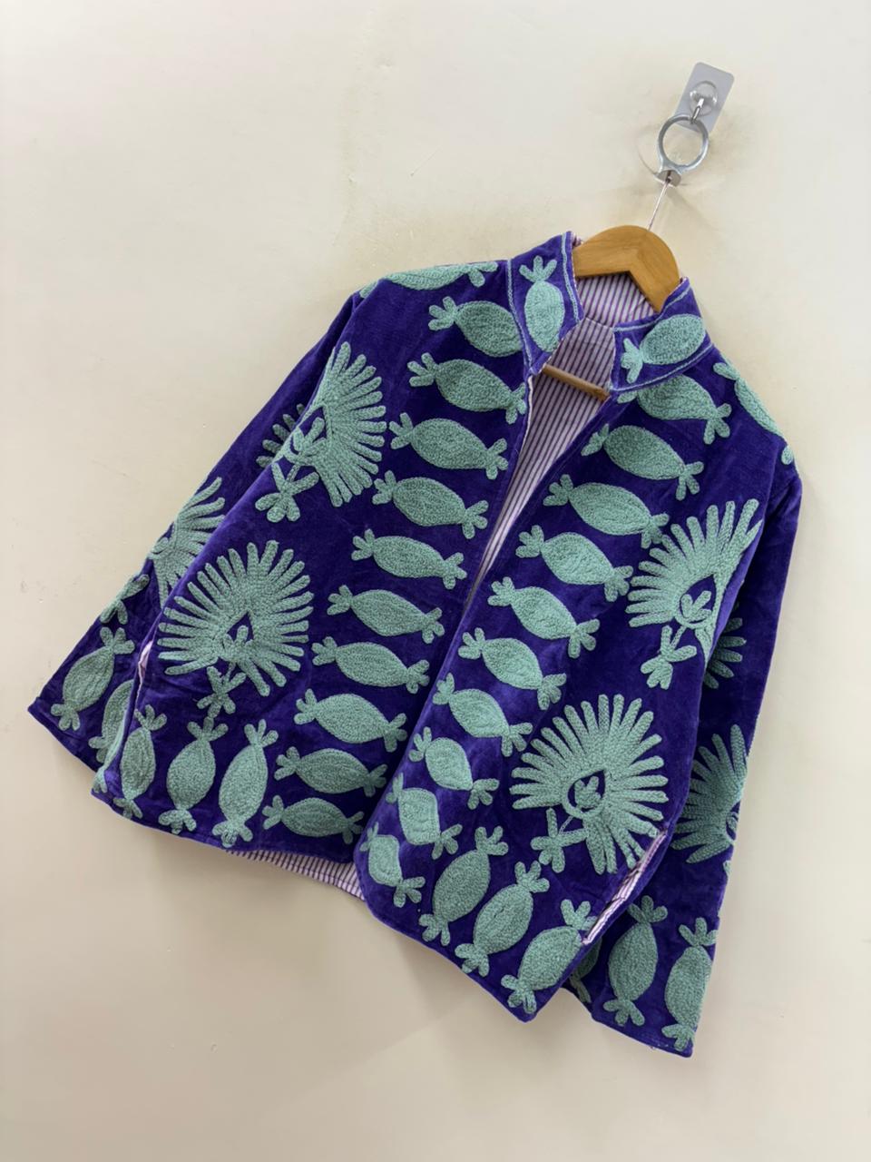 The Indigo Garden — Suzani Embroidered Velvet Jacket — Royal Violet & Sage Mint - Default Title - Zoshak Jacket