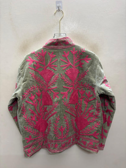 The Sagewood Bloom — Suzani Hand-Embroidered Velvet Jacket — Sage Green with Rani Pink Florals
