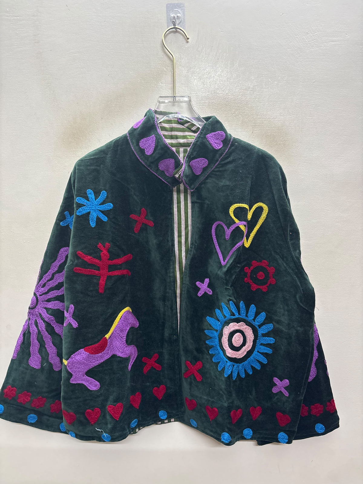 The Ghoda Yatra — Suzani Hand-Embroidered Velvet Jacket — Forest Green with Horse, Heart & Sunburst Motifs