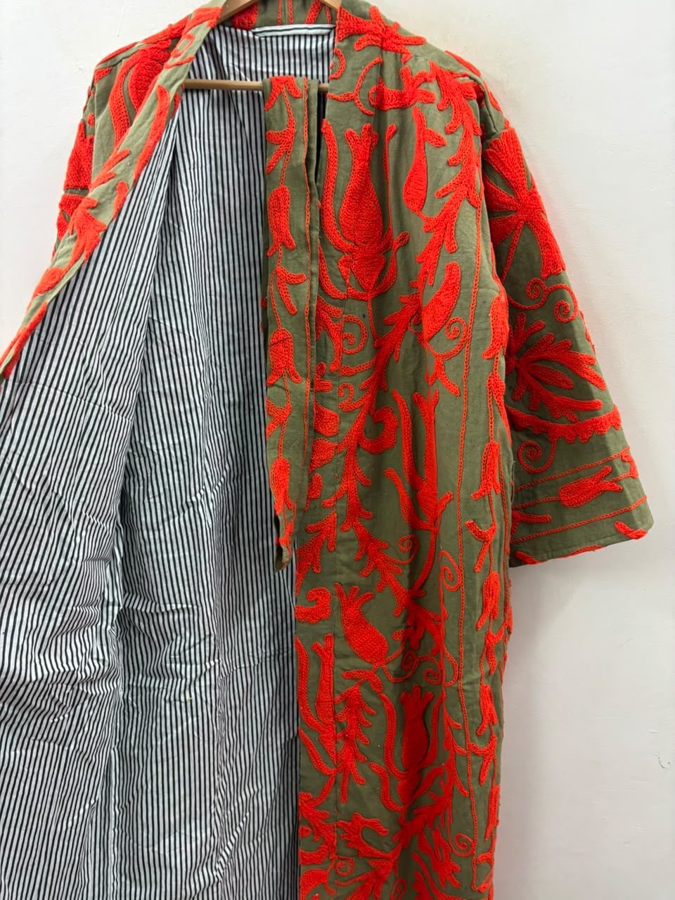The Samarkand Sun — Suzani Embroidered Cotton Kimono — Olive & Vermillion