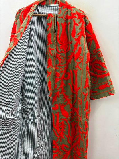 The Samarkand Sun — Suzani Embroidered Cotton Kimono — Olive & Vermillion