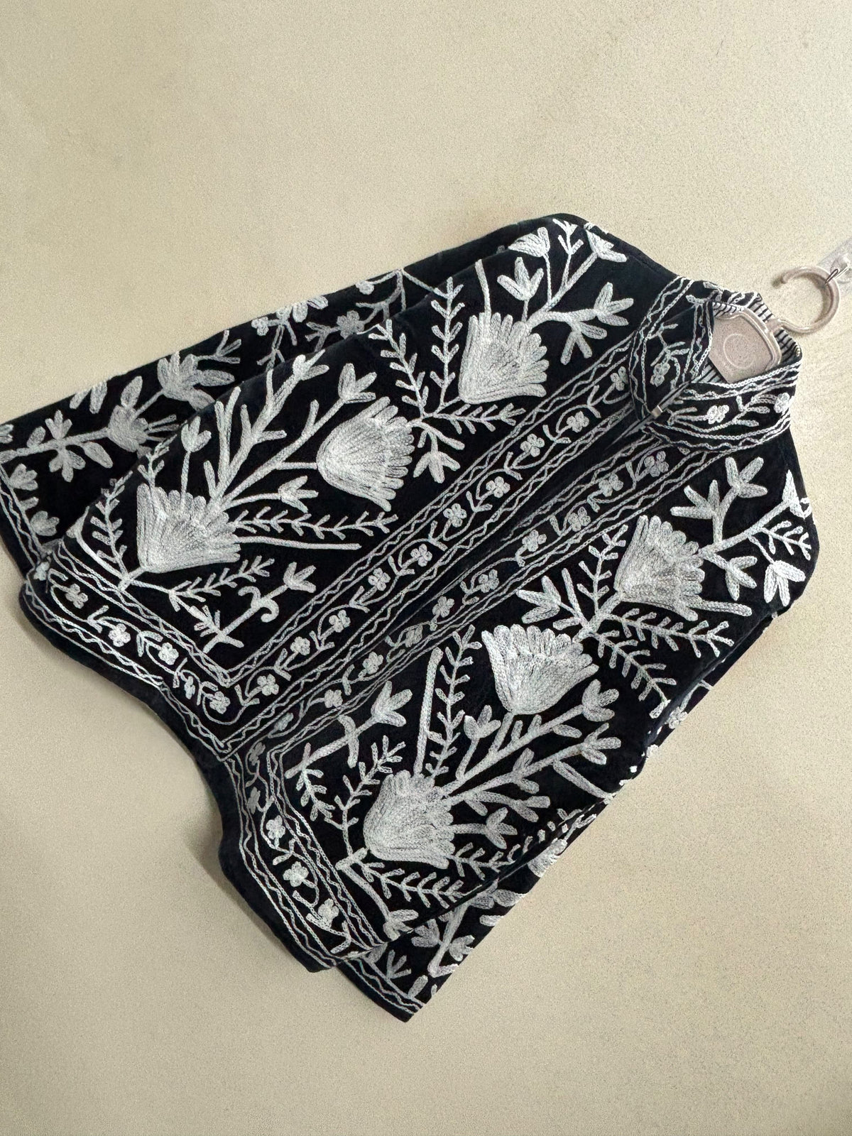 The Shabnam Bostan — Suzani Hand-Embroidered Cotton Jacket — Midnight Black with Ivory Tulip Vines