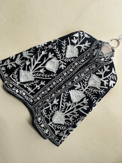 The Shabnam Bostan — Suzani Hand-Embroidered Cotton Jacket — Midnight Black with Ivory Tulip Vines