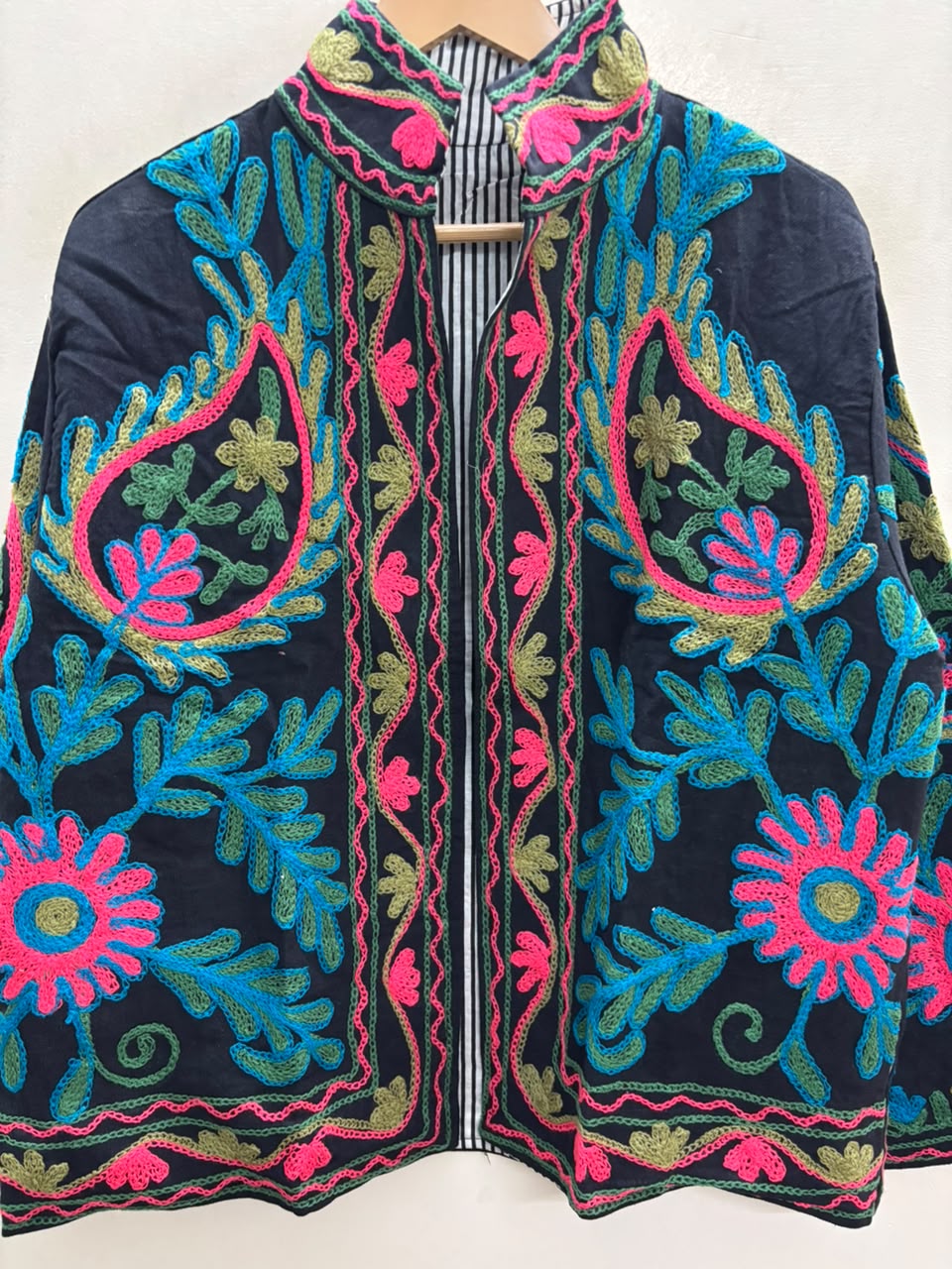 The Samarkand Bloom — Suzani Hand-Embroidered Cotton Jacket — Midnight Black with Teal, Fuchsia & Olive